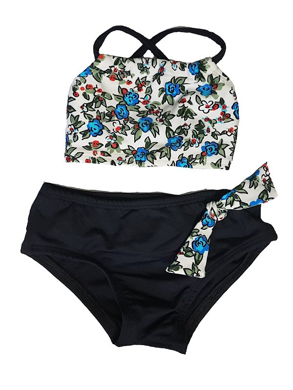 Biquíni Cropped Infantil Floral Luisa Preto