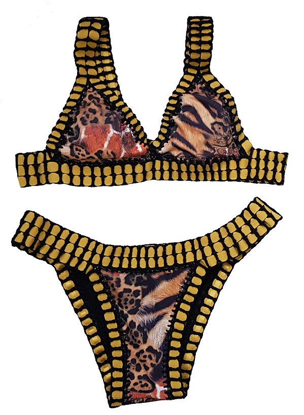 Biquíni Crochê Dupla Face Preto e Animal Print