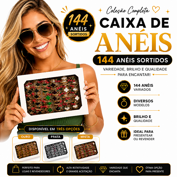 DUPLICADO - Caixa com 36 Anéis para Revenda - Banhados a Ouro 18k e Prata 925 - Joias de Alta Qualidade e Lucrativas