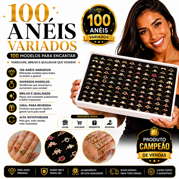 KIT 100 ANÉIS FEMININOS SORTIDOS | OURO, PRATA OU MISTA | COM PEDRAS COLORIDAS | SEMI JOIAS PARA REVENDA | GARANTIA DE 1 ANO