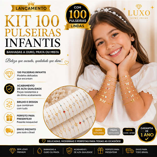 KIT 100 PULSEIRAS INFANTIS ATACADO | OURO PRATA OU MISTA