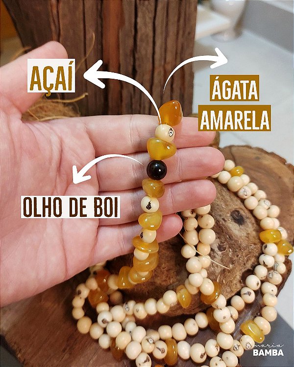 Colar/Guia - Açaí com Ágata Amarela e Olho de Boi