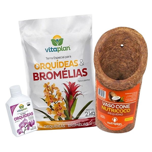 Kit Vaso Cone De Fibra de Coco + 2kg Para Orquidea e Bromélia + Fertilizante 140ml - Nutriplan
