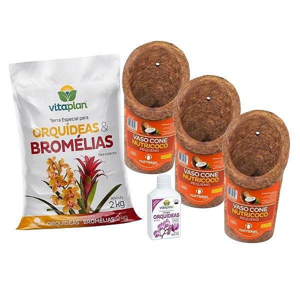 Kit 3 Vaso Cone De Fibra de Coco + 2kg Para Orquidea e Bromélia + Fertilizante 140ml - Nutriplan
