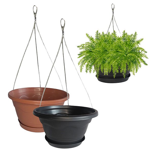 Vaso Pendente tamanho 02 Grande 4 Litros De Plástico Com Prato e Cabo de Aço 50cm
