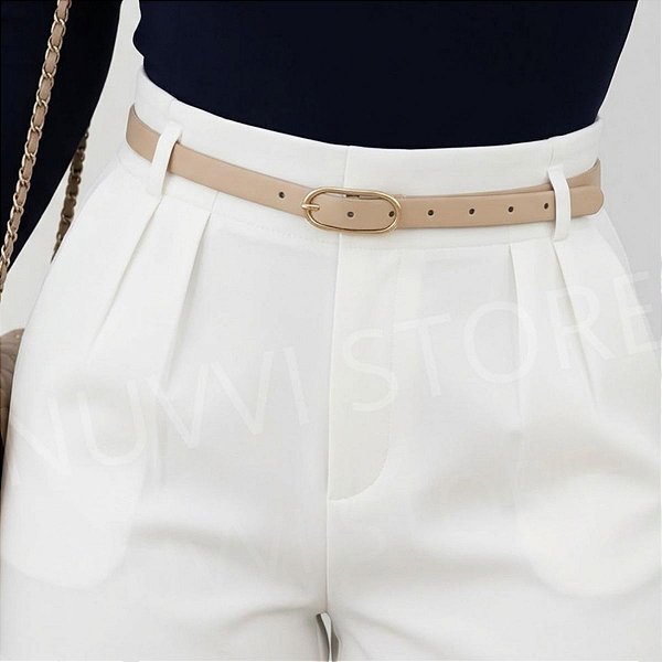 Cinto Feminino BEGE Fino De Couro Moda Blogueira Elegante fino Feminina Tendência Social Jeans e Casual