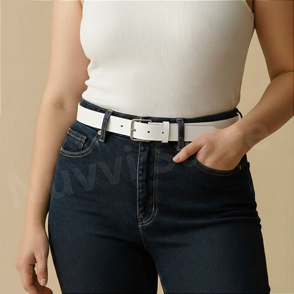 Cinto Feminino BRANCO De Couro Montana Casual e Social Da Moda Blogueira Fivela Quadrada Prata