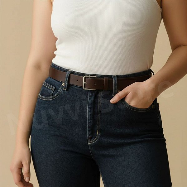 Cinto Feminino MARROM CAFÉ De Couro Montana Casual e Social Da Moda Blogueira Fivela Quadrada Prata