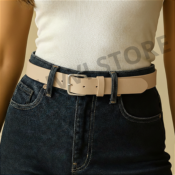 Cinto Feminino BEGE De Couro Montana Casual e Social Da Moda Blogueira Fivela Quadrada Prata