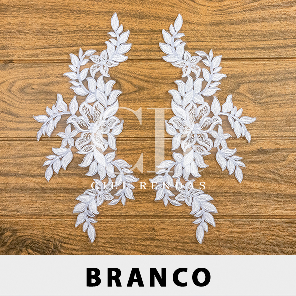 Aplicação Tule Bordado Branca com Sutache CH-1250 (14,0cm - 34,0cm)(3 pares)