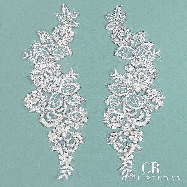 Aplicação Tule Bordado Prata com Sutache CH-1501/D (10,5cm - 29,0cm)(3 pares)