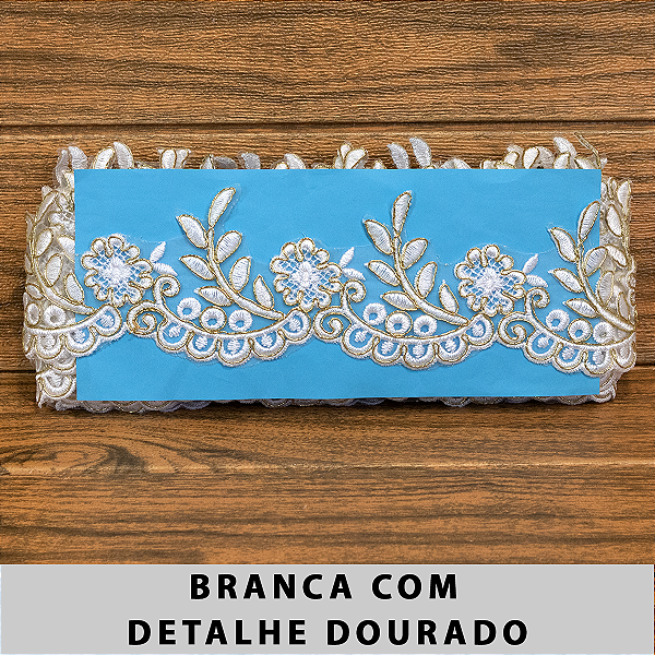 Tule Bordado Branco com Detalhes Dourado CH-1975/D (7,5cm - 9,14m)
