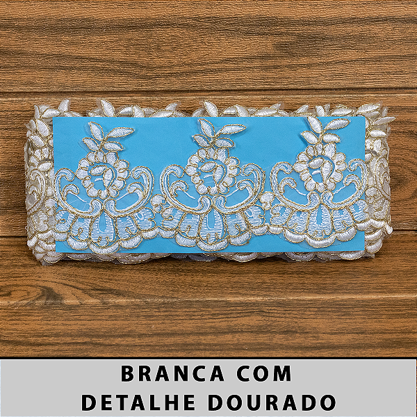 Tule Bordado Branco com Detalhes Dourado CH-2014/B (10,0cm - 9,14m)
