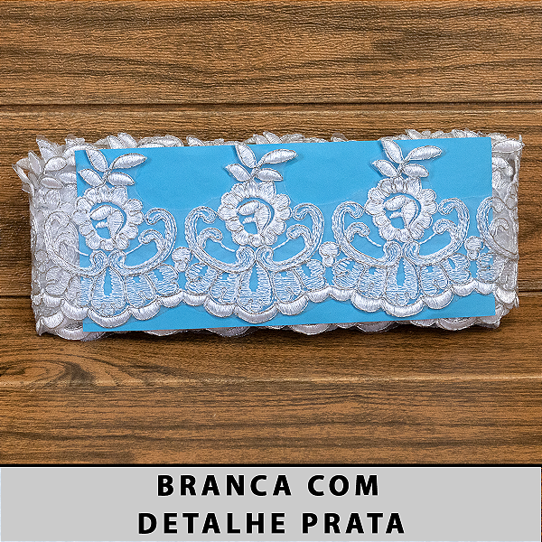 Tule Bordado Branco com Detalhes Prata CH-2014/D (10,0cm - 9,14m)