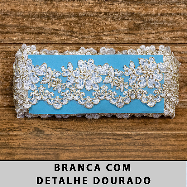 Tule Bordado Branco com Detalhes Dourado CH-1989/D (8,5cm - 9,14m)