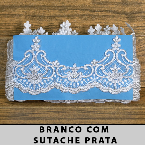 Tule Bordado Branco com Detalhes Prata CH-3206/D (11,5cm - 9,14m)