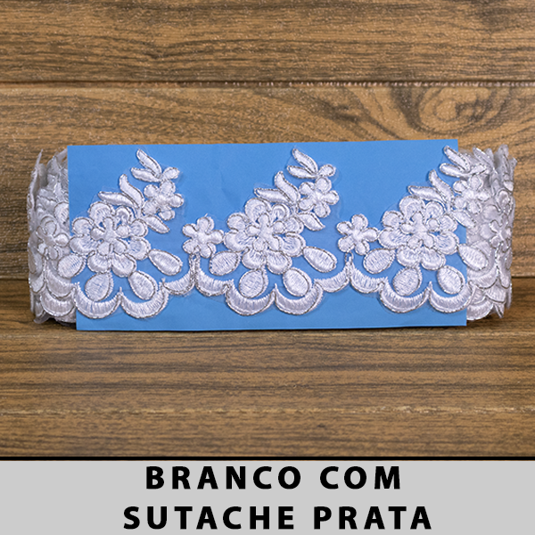 Tule Bordado Branco com Detalhes Prata CH-1974/D (8,5cm - 9,14m)