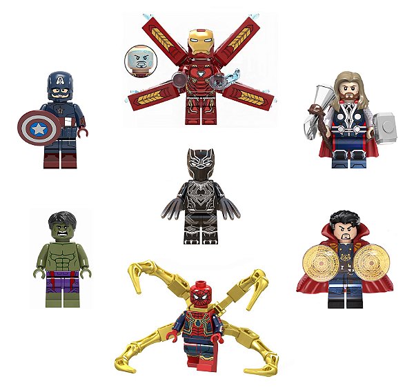 Kit 7 Bonecos Vingadores Avengers Hulk Homem de Ferro Thor Marvel Blocos de Montar