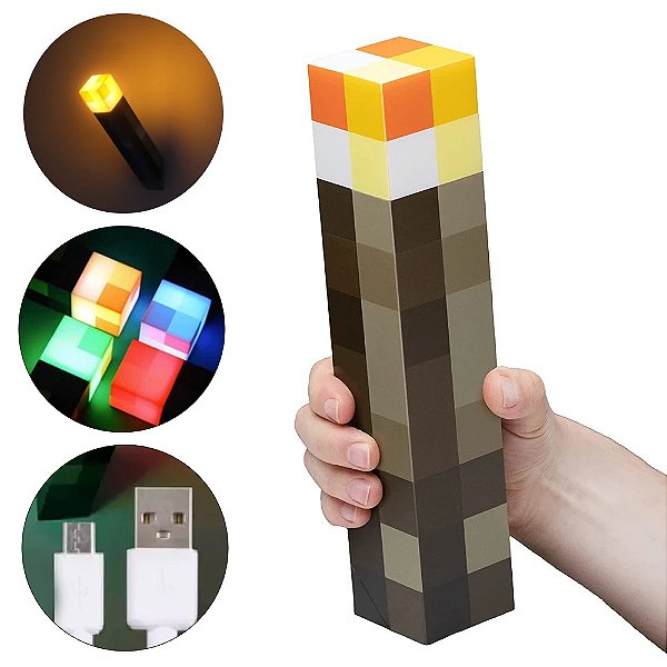 Luminária de mesa parede Luz Noturna Led Tocha Minecraft 4 Cores USB