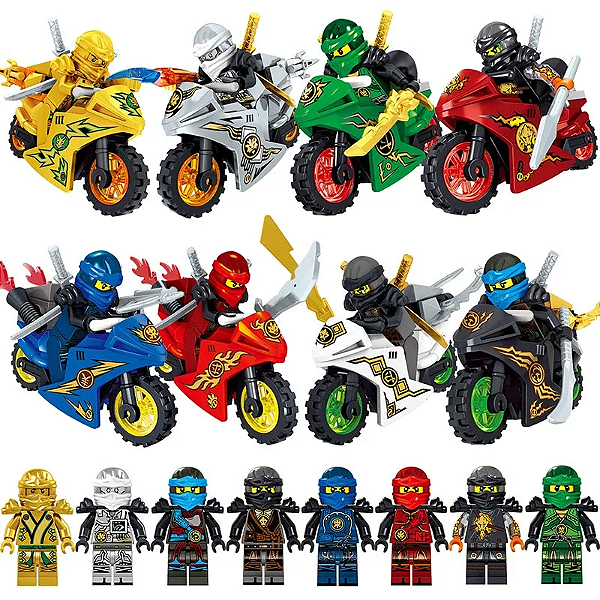 Kit 8 Bonecos Ninjago Com Moto Blocos de Montar