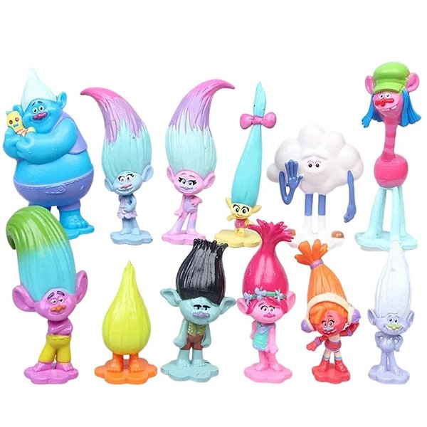 Kit 12 Bonecos Trolls Poppy Tronco Miniaturas