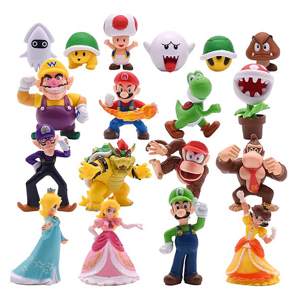 KIT 18 BONECOS MARIO BROS LUIGI TOAD BOWSER MINIATURAS PVC