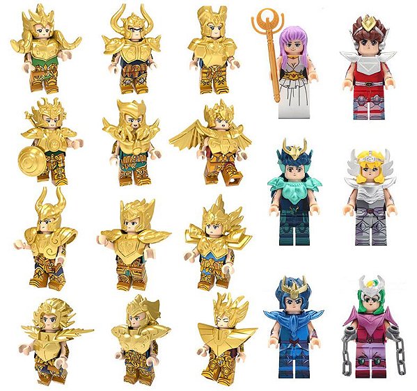 Kit 18 Bonecos Cavaleiros do Zodíaco Saint Seiya Ouro Bronze Bloco de Montar