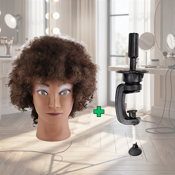 Cabeça de Boneca para Treino Cabelo Humano Afro + Suporte
