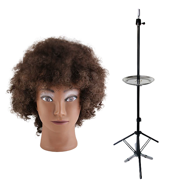 Cabeça de Boneca para Treino Cabelo Afro + Tripé com Bandeja