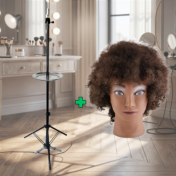 Cabeça de Boneca para Treino Cabelo Afro + Tripé com Bandeja