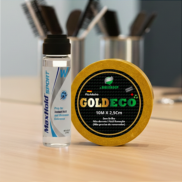 Kit Fixação Total - Fita Adesiva Goldeco 10 metros x 2,5cm + Max Hold Sport 41Ml