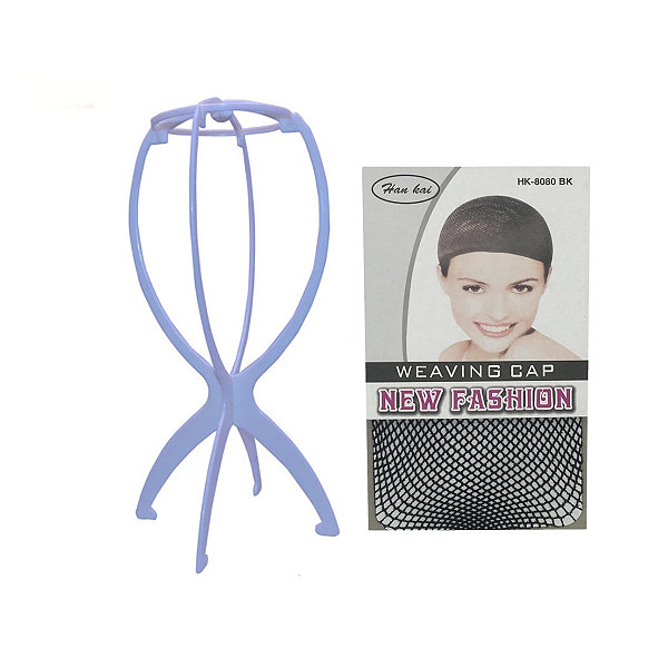kit Suporte Branco e Touca Vazada Preta Para Prótese Capilar