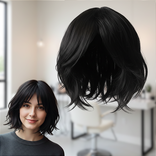 Peruca Unissex Curta Cabelo Humano Castanho Escuro Natural