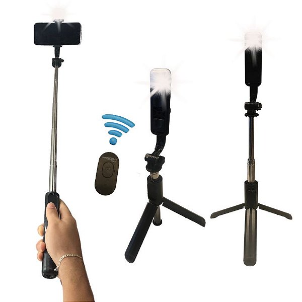 Bastão De Selfie Multifuncional Bluetooth Com Controle Disparador Estabilizador Extensível E Luz LED