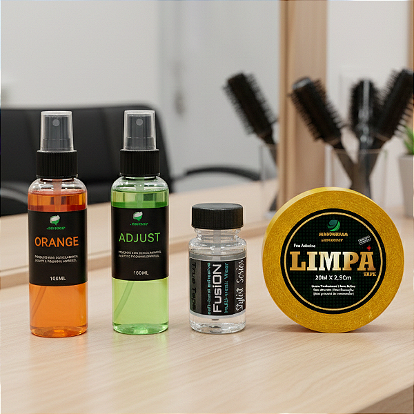 Kit Profissional - Fita Adesiva Limpa Tape 20m x 2,5cm + Removedores Adjust E Orange 100ML + Cola Fusion 40ml
