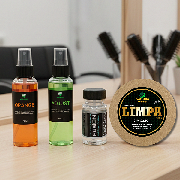 Kit Profissional - Fita Adesiva Limpa Tape 20m x 2,5cm + Removedores Adjust E Orange 100ML + Cola Fusion 40ml