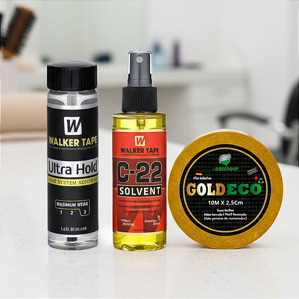 Kit Fixação Total- Fita Adesiva Goldeco 10m x 2,5cm + Cola Ultra Hold 41ml + Removedor C-22 118ml