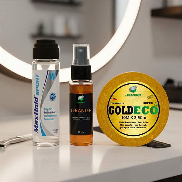 Kit Fixação Total - Removedor Orange 30ml + Max Hold Sport + Fita Adesiva Goldeco 10m x 3,5cm