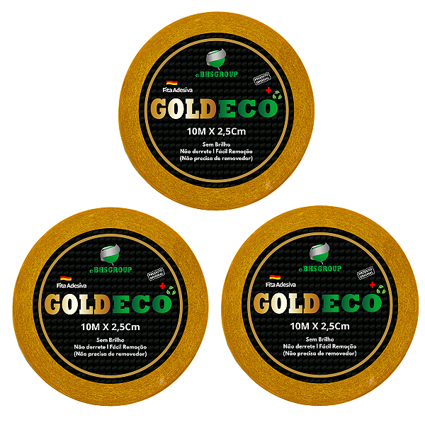 Kit - Fitas Amarelas Adesivas Gold Eco+ 10 Metros X 2.5 cm 3 Unidades