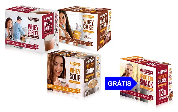 Combo 3 Caixas + 1 Grátis: Cakes, Café, Soup e Salgadinho Fit - Chocolate, Mocaccino, Carne e Multigrãos | All Protein