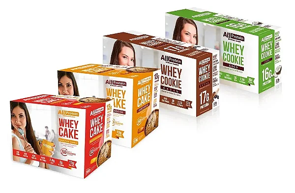 Combo All Protein 4 Caixas: Bolo e Biscoito Proteico - Chocolate, Coco, Maçã e Amendoim