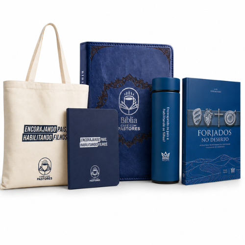 Kit Bíblia Café com Pastores Azul + Forjados no Deserto + Moleskini + EcoBag + Garrafa
