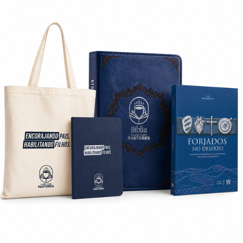 Kit Bíblia Café com Pastores Azul + Forjados no Deserto + Moleskini + EcoBag