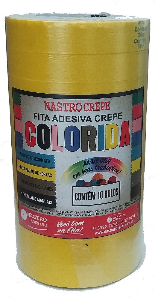 Fita Crepe Amarela 18mm X 30m Para Artesanato, Escolar e Decoração – Kit Com 10 Rolos