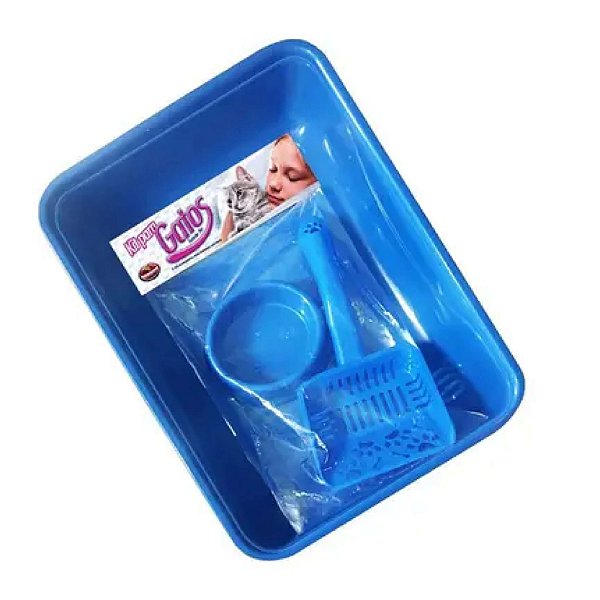 Kit Bandeija Pá Higiênica e Comedouro Azul para Gatos - Furacão Pet