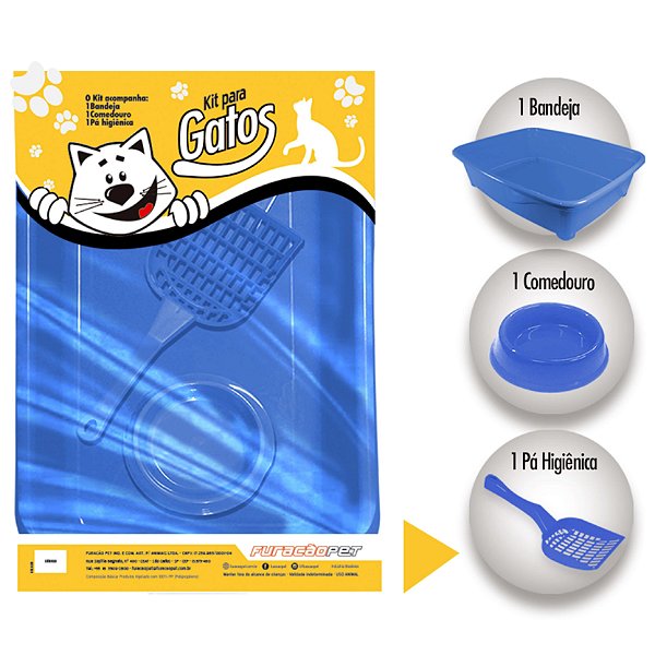 Kit para Gatos 3 Peças Bandeja Pá Higiênica e Comedouro Azul Furacão Pet