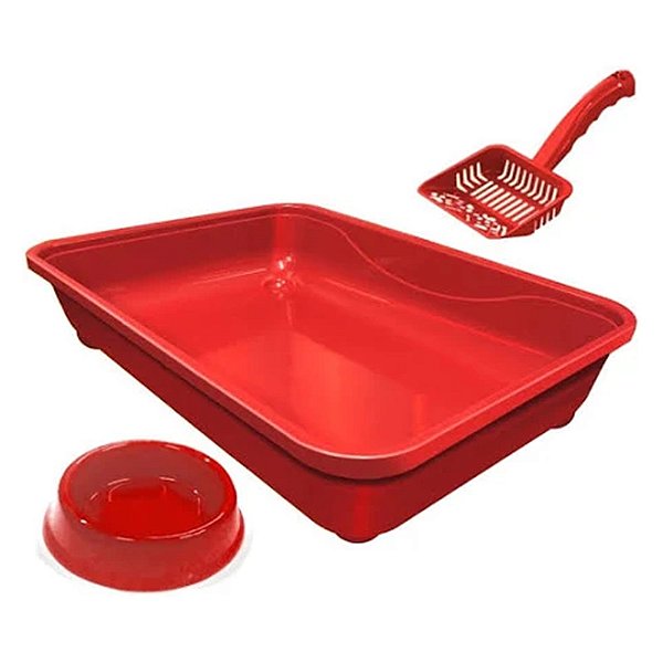 Kit Bandeija Pá Higiênica e Comedouro Vermelho para Gatos - Furacão Pet