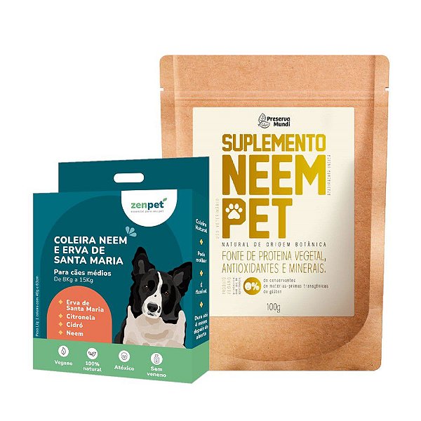 Kit Coleira Antipulgas Cães Médios Zenpet e Suplemento Neem