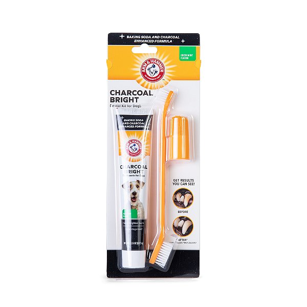 Kit ARM & HAMMER Charcoal Bright – Pasta Enzimática + Escova Dupla + Dedeira para Higiene Bucal Canina