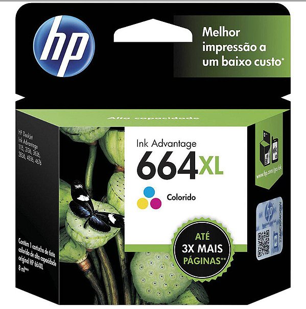 Cartucho de Tinta HP 664XL Colorido Original (F6V30AB) Para HP Deskjet 2136, 2676, 3776, 5076, 5276, HP - CX 1 UN
